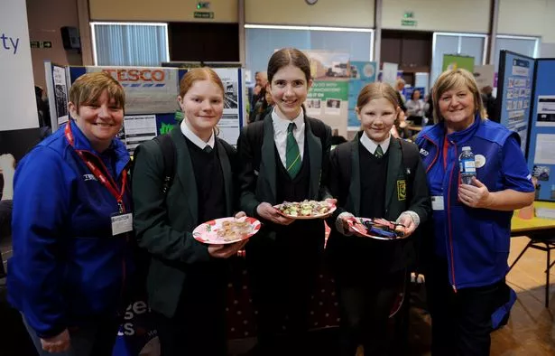 Verity, Chloe and Heather with Lena Barbour and Anne Croucher from Tesco