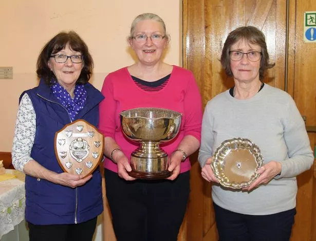 Elizabeth Smith, Andrea Irving and Marion Gourlay from Haugh of Urr with their collection of trophies