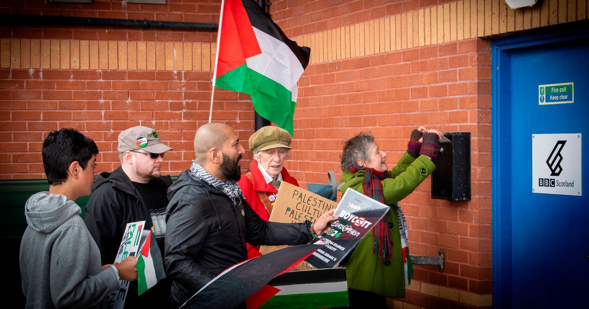 Supporters of the Dumfries and Galloway Palestine Solidarity Campaign stage Eurovision protest outside BBC offices