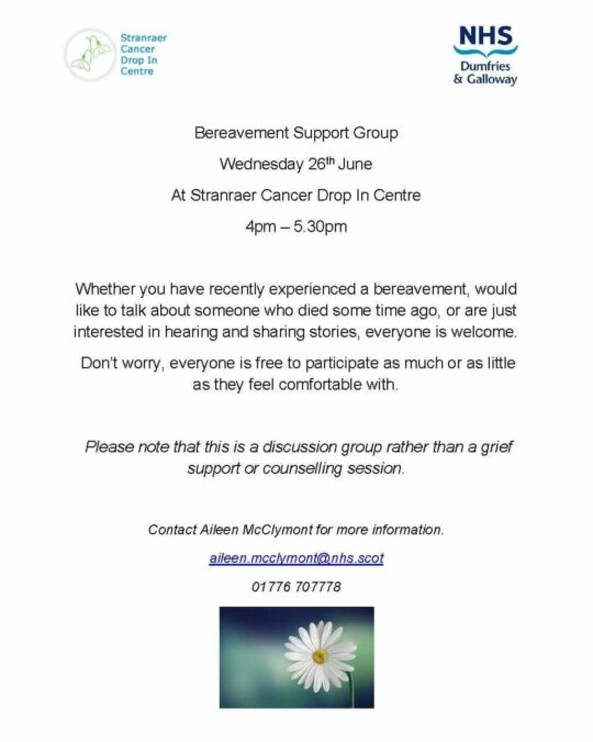 Bereavement Group meeting at Stranraer Cancer Drop In Centre tomorrow...