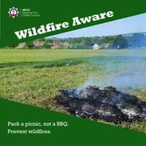 Pack a picnic, not a BBQ and help protect our green spaces. Image: field near residential houses with smouldering fire on the grass.