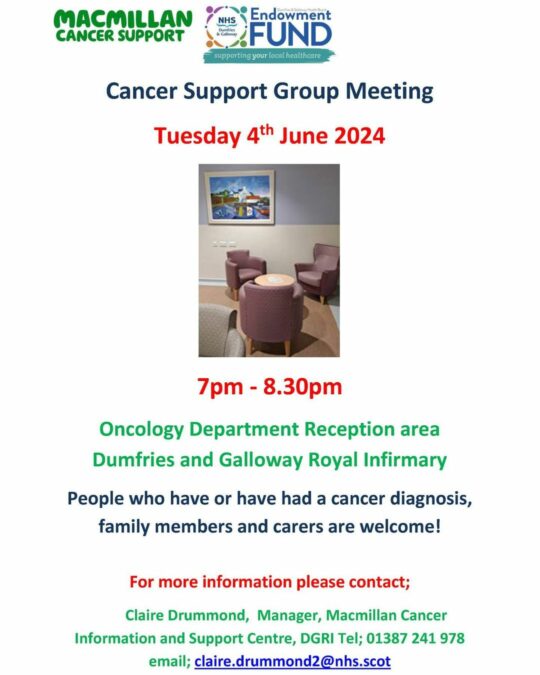 The next cancer support group meeting takes place in Dumfries tomorrow evening...