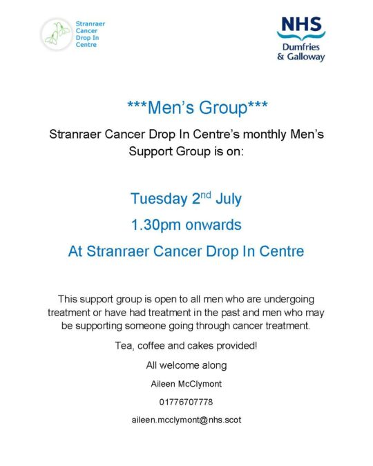 The next men's support cancer group takes place tomorrow Stranraer Cancer Drop I...